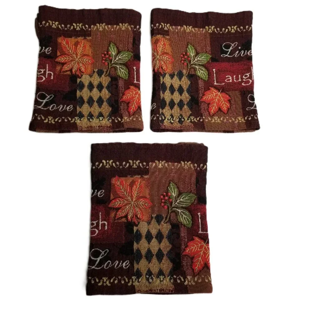 Live Laugh Love Valance Set of 3 Burgundy Brown Leaves Tapestry Curtains